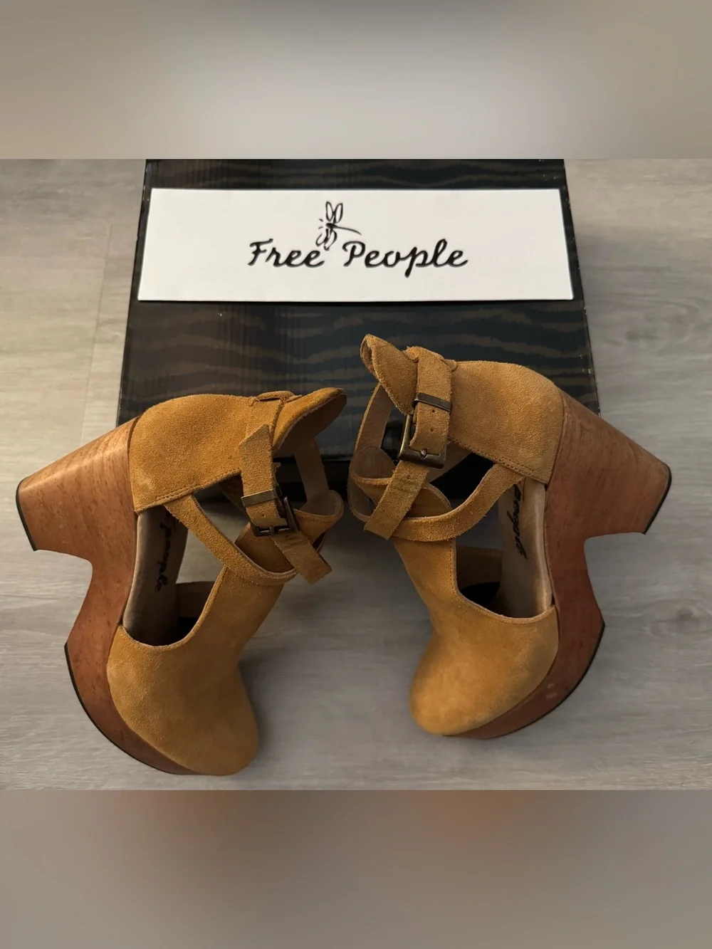 Free People Cedar Clogs, featuring tan suede with a chunky wooden platform heel
